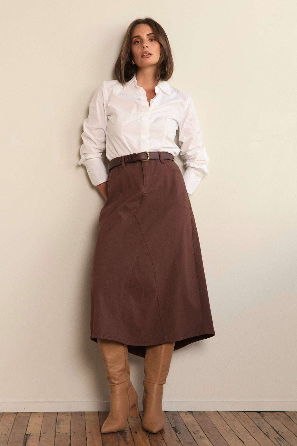 Stretch A-Line Skirt in Chocolate